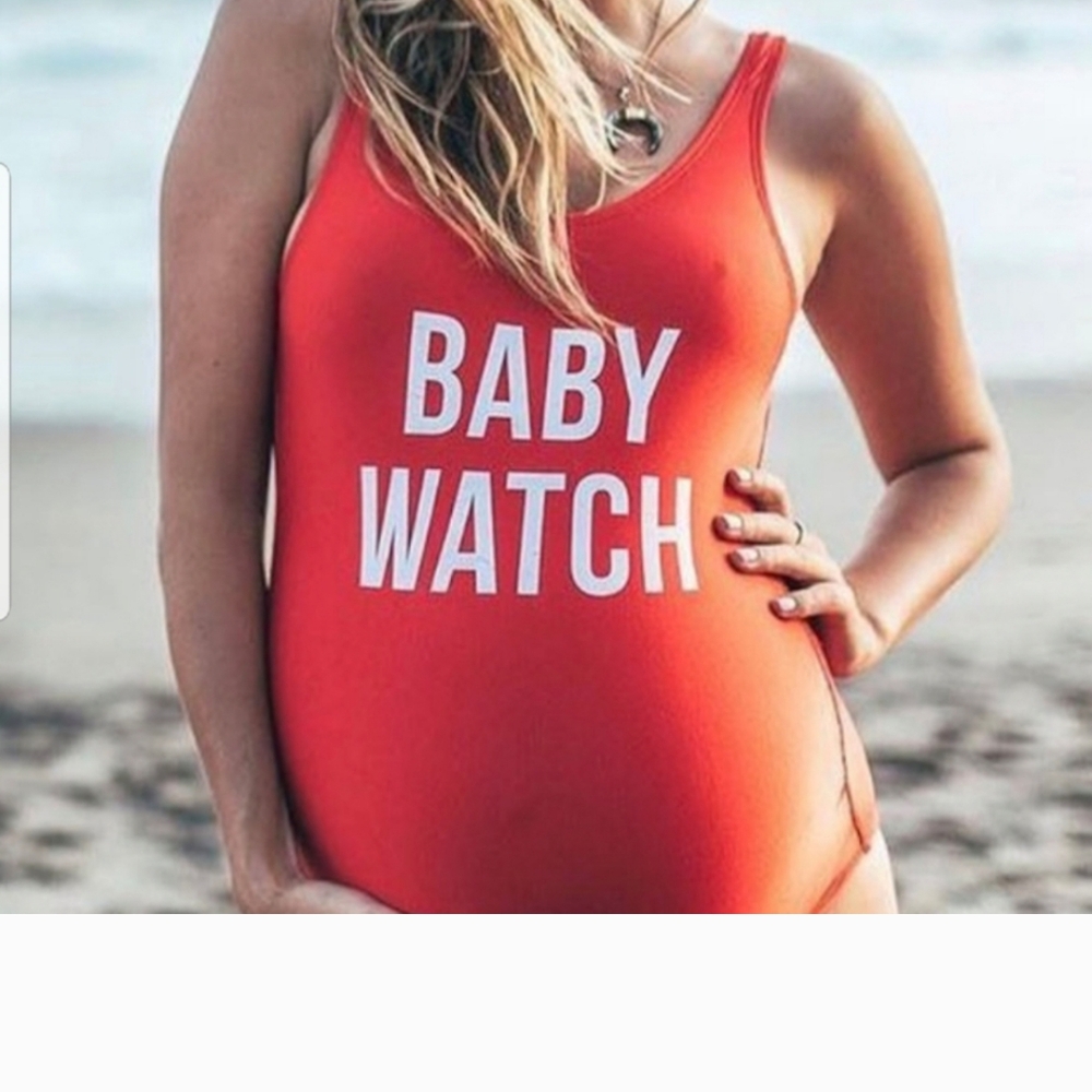 Red One Piece Maternity Swimsuit with Bold Text
